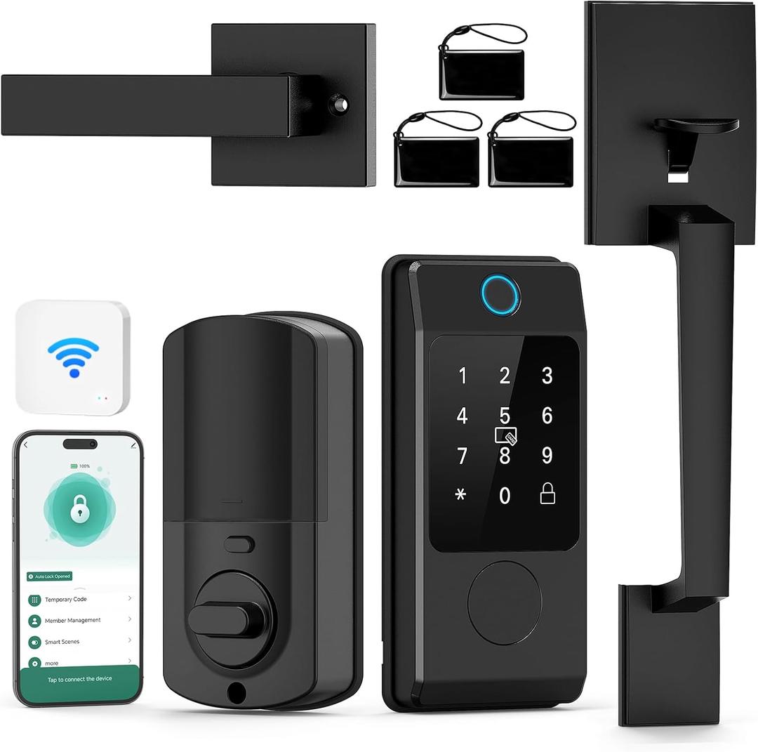 WiFi Front Door Lock Set - Keyless Entry Locks Handle Set, Fingerprint Alexa - Smart Deadbolt Lock with Handle Latch - WiFi Access Bluetooth APP-Black