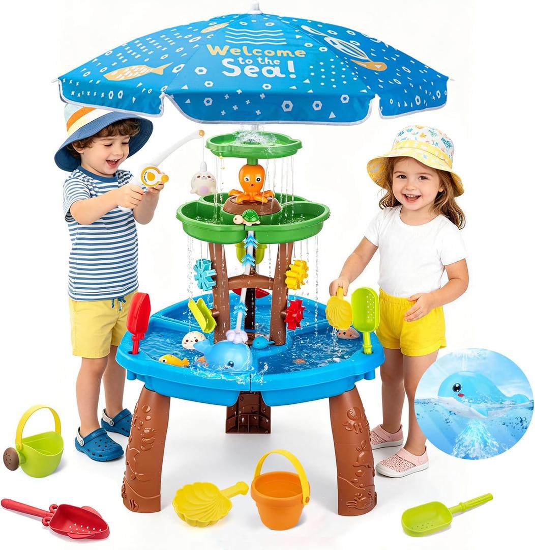 Water Table Toys for Kids Aged 3 4 5 6 7 8, Kids Water Table with Auto Water-Absorbing Water Pump & Umbrella Outdoor Activity Sensory Play Table with Beach Toys Accessories Birthday Gifts for Toddlers