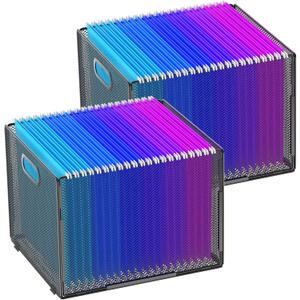 Hanging File Organizer, File Box Organizer with Handle, Metal Mesh Hanging File Folder Box, Letter Size Filing Crate Bin Holder for Home Office Desk(2 Pack)