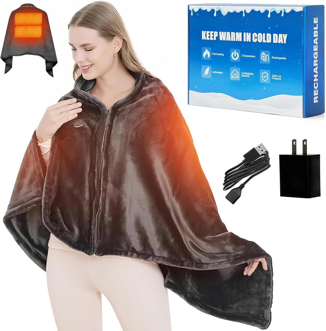 Portable USB Heated Blanket, 59" x 33.5" Soft & Comfortable Heated Blanket Shawl for Indoor Outdoor Cordless Fast Heating with 3 Heat Levels