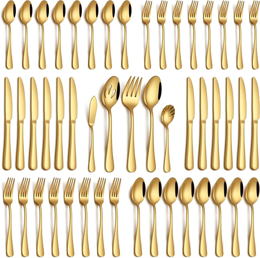 PHILIPALA 45 Piece Gold Silverware Set with Serving Utensils, Stainless Steel Flatware Set for 8 Food Grade Cutlery Utensil Set Include Knife Fork Spoon Mirror Polished Dishwasher Safe