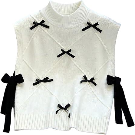 RoseSeek Women's Sweater Vest Mock Neck Turtleneck Knit Vest Cute Bow Ribbon Sweater Tank Top Knitwear White Medium