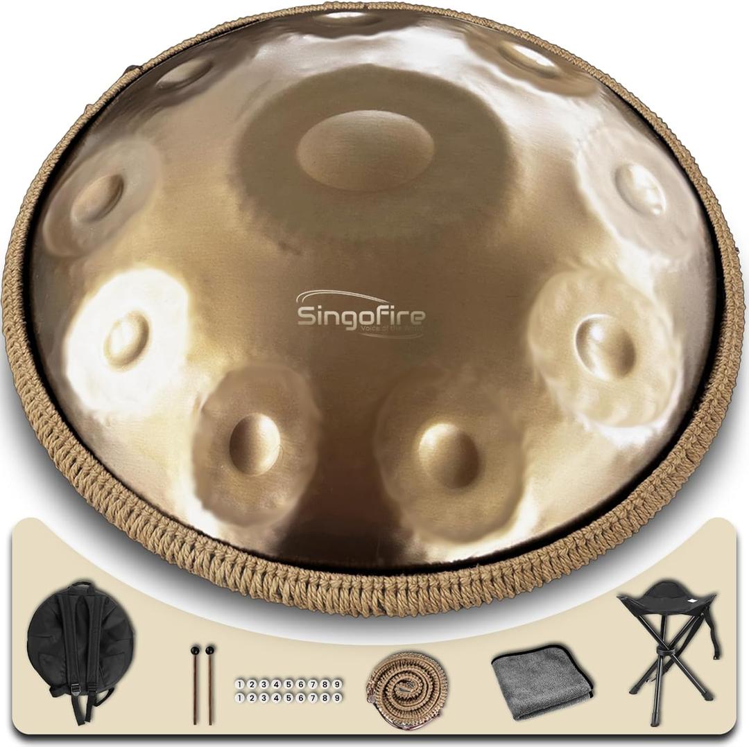 "SINGOFIRE" Handpan Drum, Handpan Drums for Adults, 22-Inch 432Hz D Minor Kurd Handpan, HandPan Instrument (Gold-10Notes（432HZ）, 22-Inch)