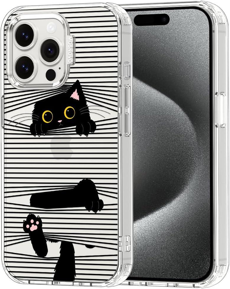 MOSNOVO Case for iPhone 15 Pro Max, [Buffertech 6.6ft Military-Grade Drop Protection] [Anti Peel Off Tech] Clear TPU Bumper Phone Case Cover Design - Hidden Black Cat