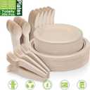 Unves 250 Piece Compostable Paper Plates Set with Extra Long Utensils, Sugarcane Fibers Disposable Dinnerware Set, Biodegradable Plates, Spoons, Forks and Knives for Party, Camping, Picnic, One Size