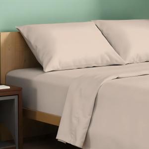 TEXAS LINEN CO. 100% Organic Cotton Queen Percale Sheet Set - Taupe Cotton Percale Sheets Queen, 4 Piece Percale Sheets Queen Size, Crisp, Cooling Sheets, 16" Deep Pocket Hotel Sheet Queen Size