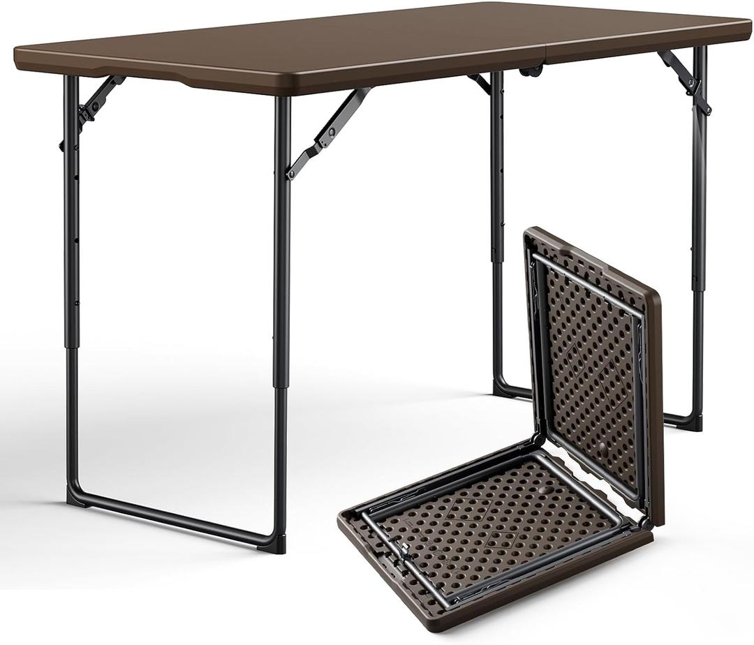 Folding Table 4FT Heavy Duty Plastic Table with Handle, Foldable&Portable, Fold-in-Half Utility Tables for Outdoor, Dining, Wedding, Events, Indoor, Picnic, Camping, Party, Brown