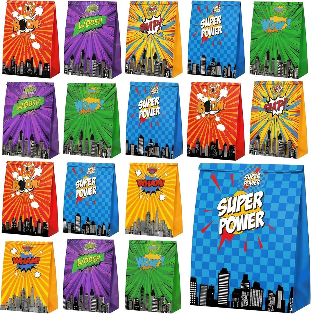 24 Pack Large Hero Party Favor Bags 8.3 x 6.3 x 3.2 Inch Hero Party Gift Bags Goodie Bag with Theme Stickers, Favor Candy Treat Pouches for Kids Theme Birthday Parties Baby Shower Decorations
