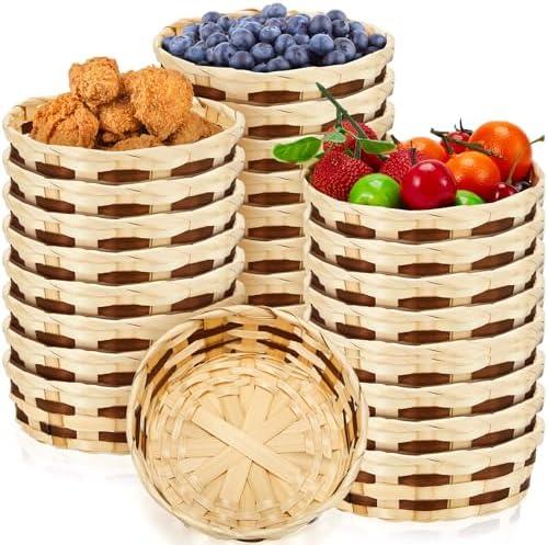 Sintuff 24 Pack Woven Basket Round Bamboo Gift Baskets Wicker Berry Bread Fruit Basket Empty Food Serving Baskets for Picnic Kitchen Restaurant (Small)