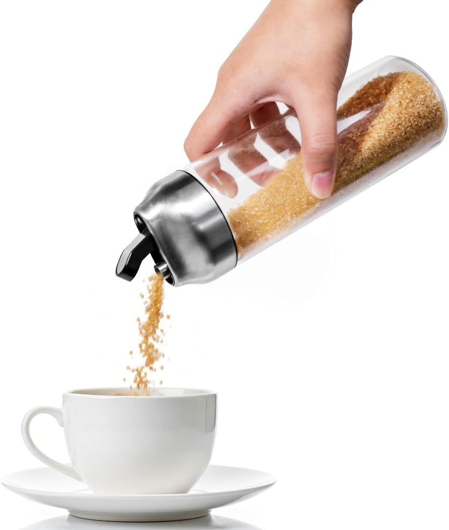 14oz Glass Sugar Dispenser with Spout - Refillable Pour Shaker for Coffee Bar, Tea Station & Table - Large Airtight Sugar Container for Kitchen Counter