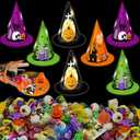90PCS Halloween Party Decoration Gift Trick or Treat Container Witch Hat Kit for Kids School Classroom Gift, Trick or Treat, Includes Hat Teeth Eyeballs Cobwebs