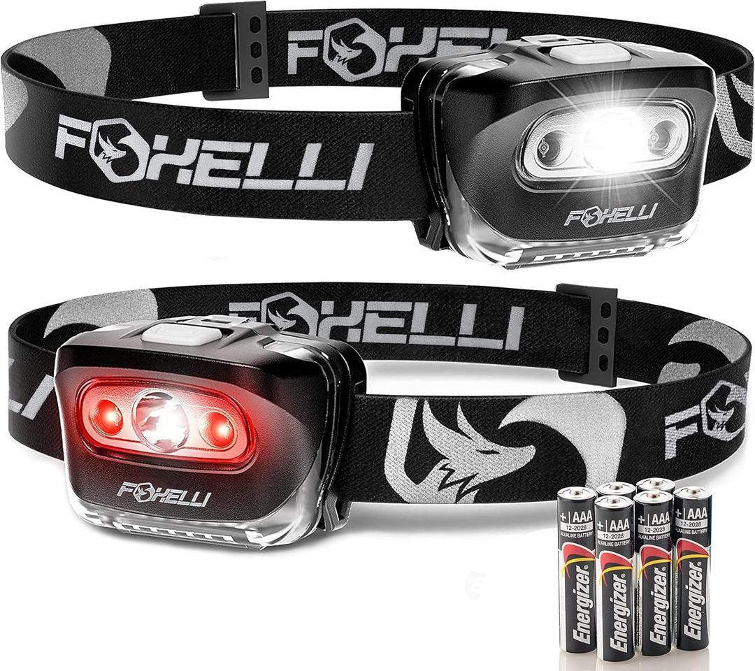Foxelli LED Headlamp Flashlight for Adults & Kids, Running, Camping, Hiking Head Lamp with White & Red Light, Comfortable Headband, Lightweight & Waterproof, 3 AAA Batteries (2-Pack Black)