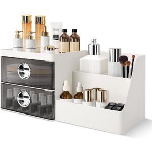 Makeup Organizer with Clear Drawers,Plastic Skincare Organizers for Vanity,Large Capacity Makeup Organizer Countertop for Cosmetics, Skincare,Office Stationery (Gray Drawer)