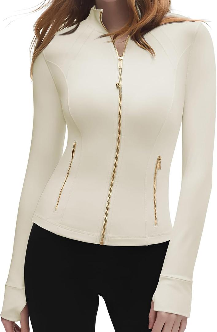 SUUKSESS Women Golden Full Zip Up Workout Cropped Jackets Lightweight Athletic Yoga Tops (X-Small, Apricot)