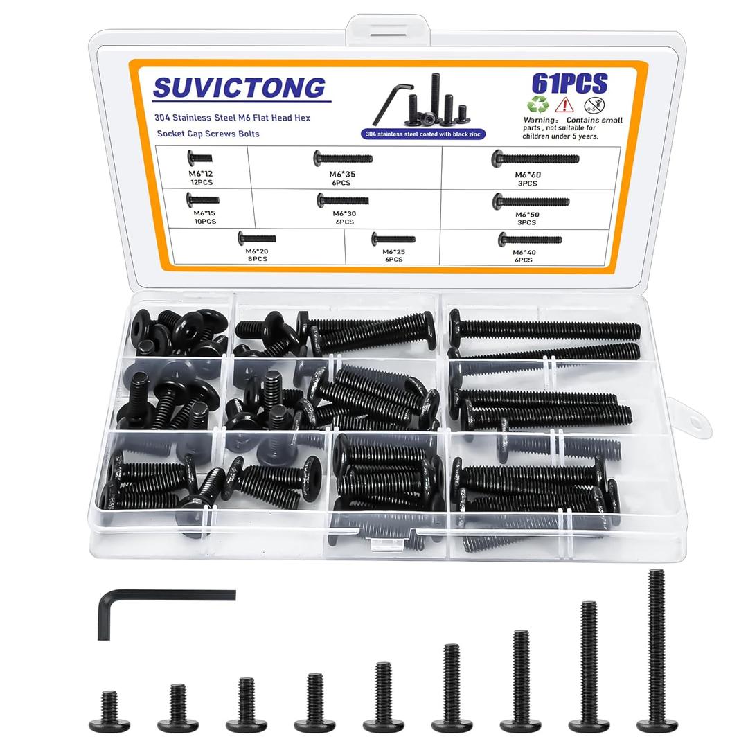 61Pcs M6 Flat Head Hex Socket Cap Screws Assortment Kit, M6 x 12mm/15mm/20mm/25mm/30mm/35mm/40mm/50mm/60mm Socket Cap Bolts,304 Stainless Steel 18-8, Full Thread, Black Oxide with Hex Spanner