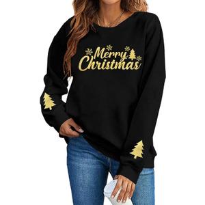 Christmas Sweatshirt Women Christmas Light Sweatshirts Merry And Bright Xmas Long Sleeve Shirts Crewneck Pullover Tops (Black, S)