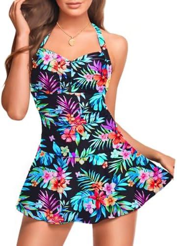 Tempt Me Women One Piece Swimsuit with Skirt Tummy Control Swim Dress Halter Vintage Bathing Suit, M