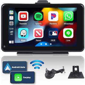 Portable Apple Carplay Screen Wireless Apple Car Play Android Auto, 7 Inch Touchscreen Wireless Carplay Screen for Car Support Apple Airplay Voice Control FM Bluetooth AUX