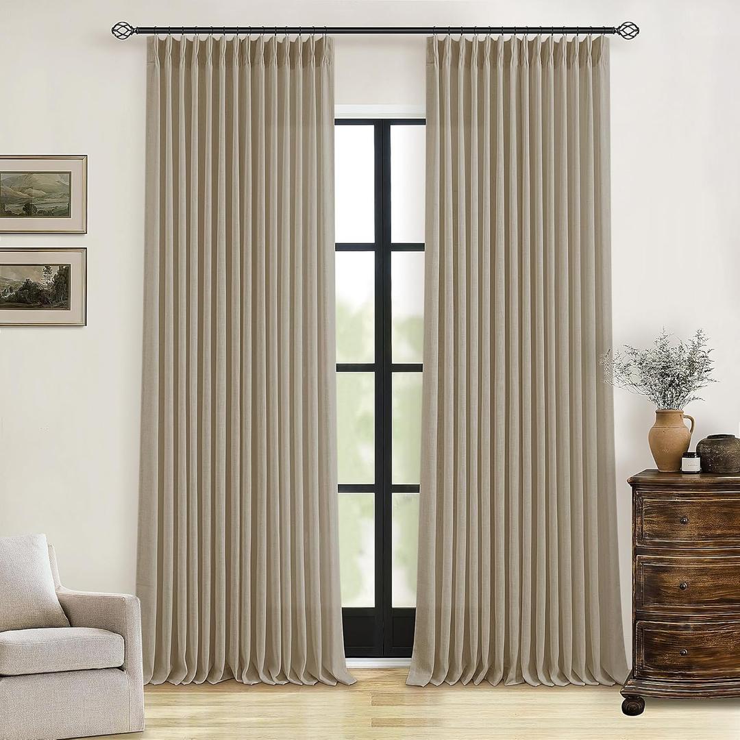 Pinch Pleated Linen Curtains 102 Inches Long 2 Panels Set for Living Room Bedroom Farmhouse Burlap Back Tab Pinch Pleat Drapes Ceiling Floor Window Curtains 102 Inch Length Gray Beige Tan Neutral