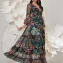 Womens Summer Dresses,Floral Patterns Vintage Elegant Cocktail Long Sleeve Boho Casual Maxi Wedding Guest Dresses for Women, X-Large