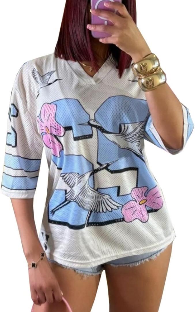 Women Jersey Shirts Oversized Number Graphic Tees Top Light Blue S