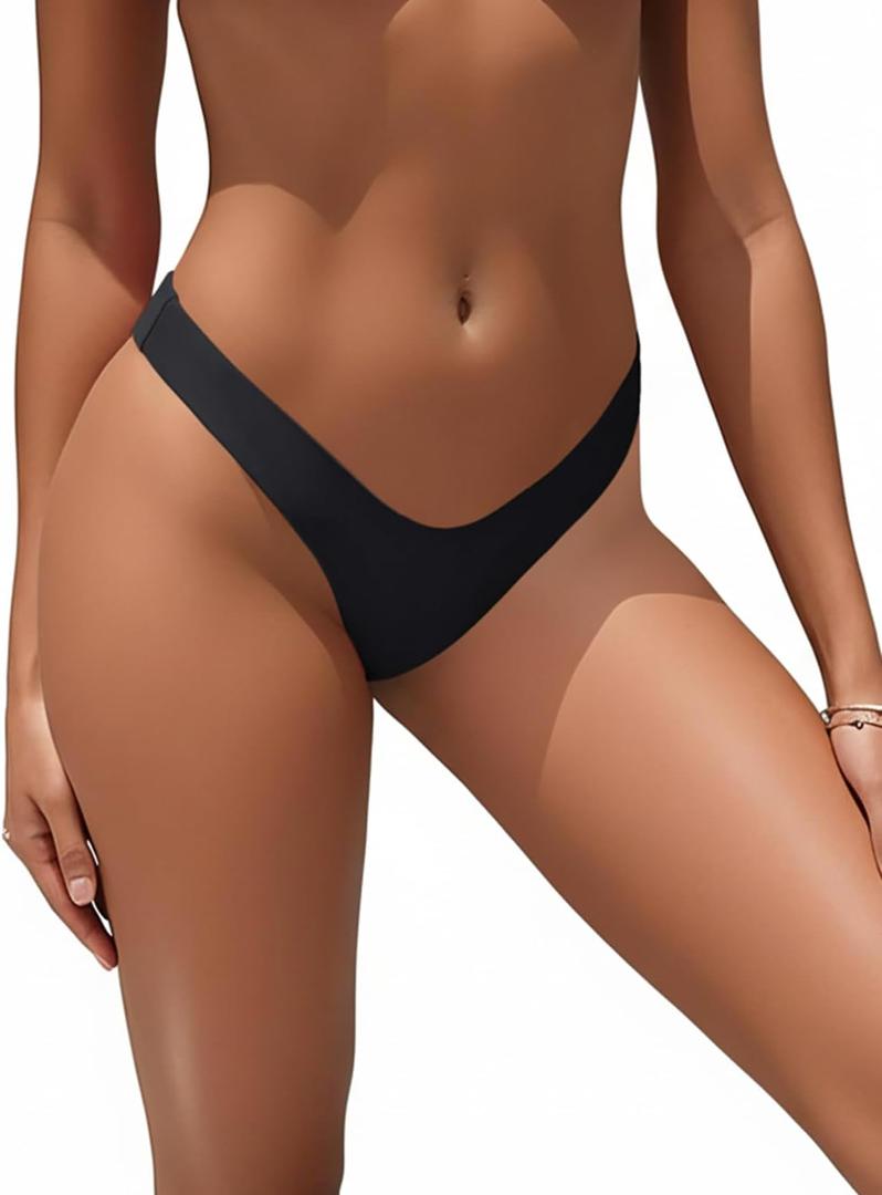 Women's Thong High Cut Swimsuit Bottom - Bikini Bathing Suit Bottom Only (Medium, Black)