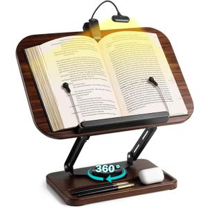 Book Stand with Light & Storage, Book Holders for Reading Hands Free, Wooden Cookbook Stand with Adjustable Height & 360 Angle for Recipe,Magazine,Laptop,Tablet, Bible