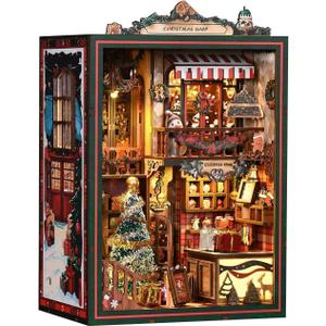 Book Nook Kit  DIY Christmas Puzzle with Music Box & LED | Wooden Miniature Shop Model for Teens & Adults | Bookshelf Gift Decor