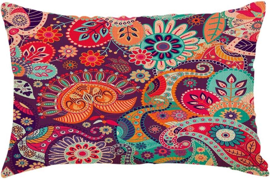 Throw Pillow Covers Paisley Floral Indian Style Colorful Folk Flowers Ethnic Pillow Cases Cotton Linen Waist Lumbar Cushion Cover Sofa Home Decorative Rectangle 12x20 Inches, Rqk-YZ078