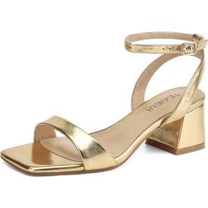 TEAIEUI Women's Heeled Sandals Strappy Low Block Heels Chunky for Women Comfortable Ankle Strap Open Toe Party Wedding Dress Shoes for Women Dressy Gold 11