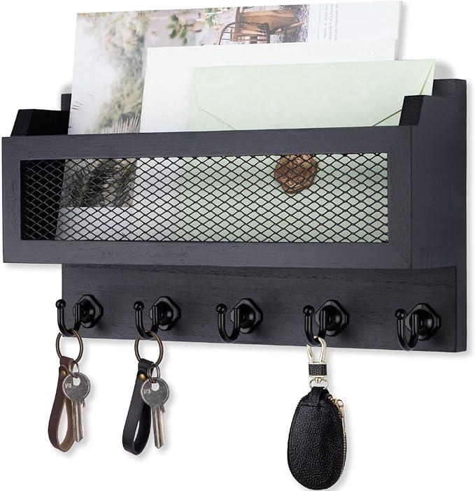 Nekon Key and Mail Holder for Wall, Key Organizer with 5 Hooks & Storage Drawer, 11" W x 7.9" H x 3.1" D Wooden Key Rack for Entryway and Home Decor (Black)