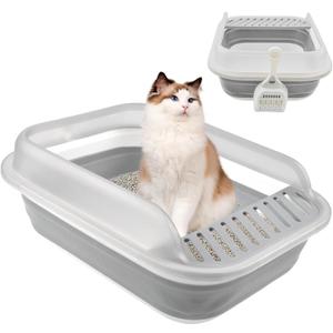 Open Cat Bedpan with Spoon,Shallow Splash Proof Travel Litter Box with Sand Drop Pedal High Side Low Entrance Cat Toilet Semi-Enclosed Adjustable for Kittens Elderly Cats Disabled Cats(Gray)