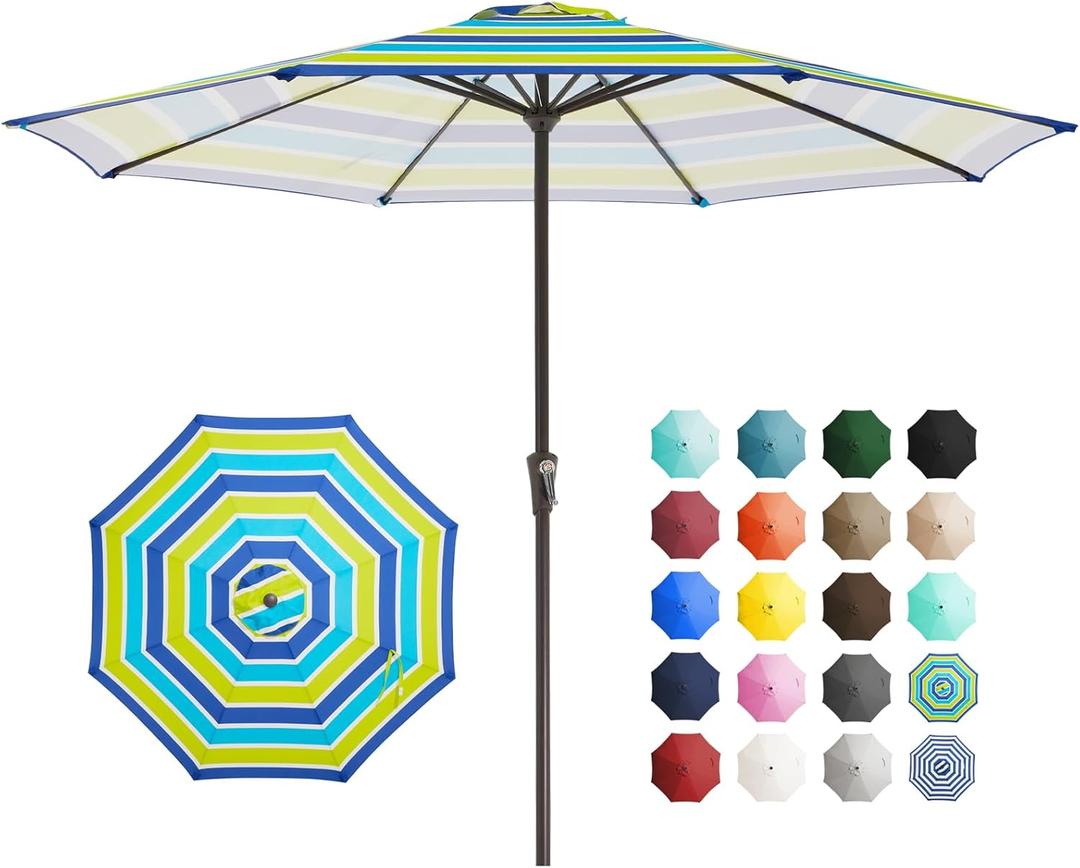 JEAREY 11' Patio Umbrellas Outdoor Table Market Umbrella w/Crank, 8 Sturdy Ribs, UV Protection Waterproof Sunproof for Garden, Deck, Backyard, Pool(Blue Green Striped) (11FT)