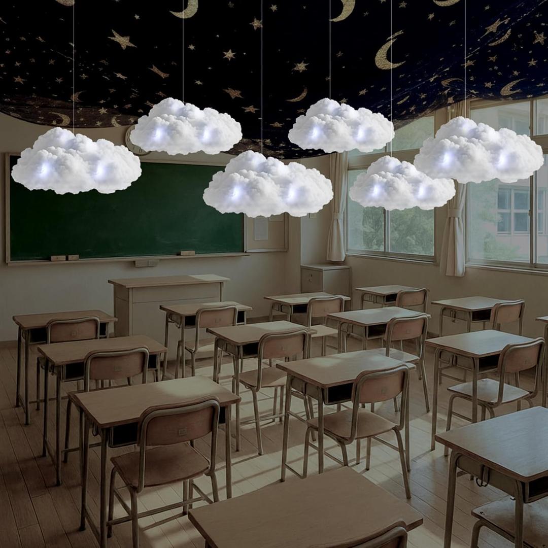 VioraWhite 6 Set Hanging Cloud LED Lights for Ceiling with 2 Pcs 4.9 x 3.4 ft Magical Wizard Classrooms Star Night Artificial Cotton Clouds Ceiling Decorations for Classrooms Birthday Magical Wizard