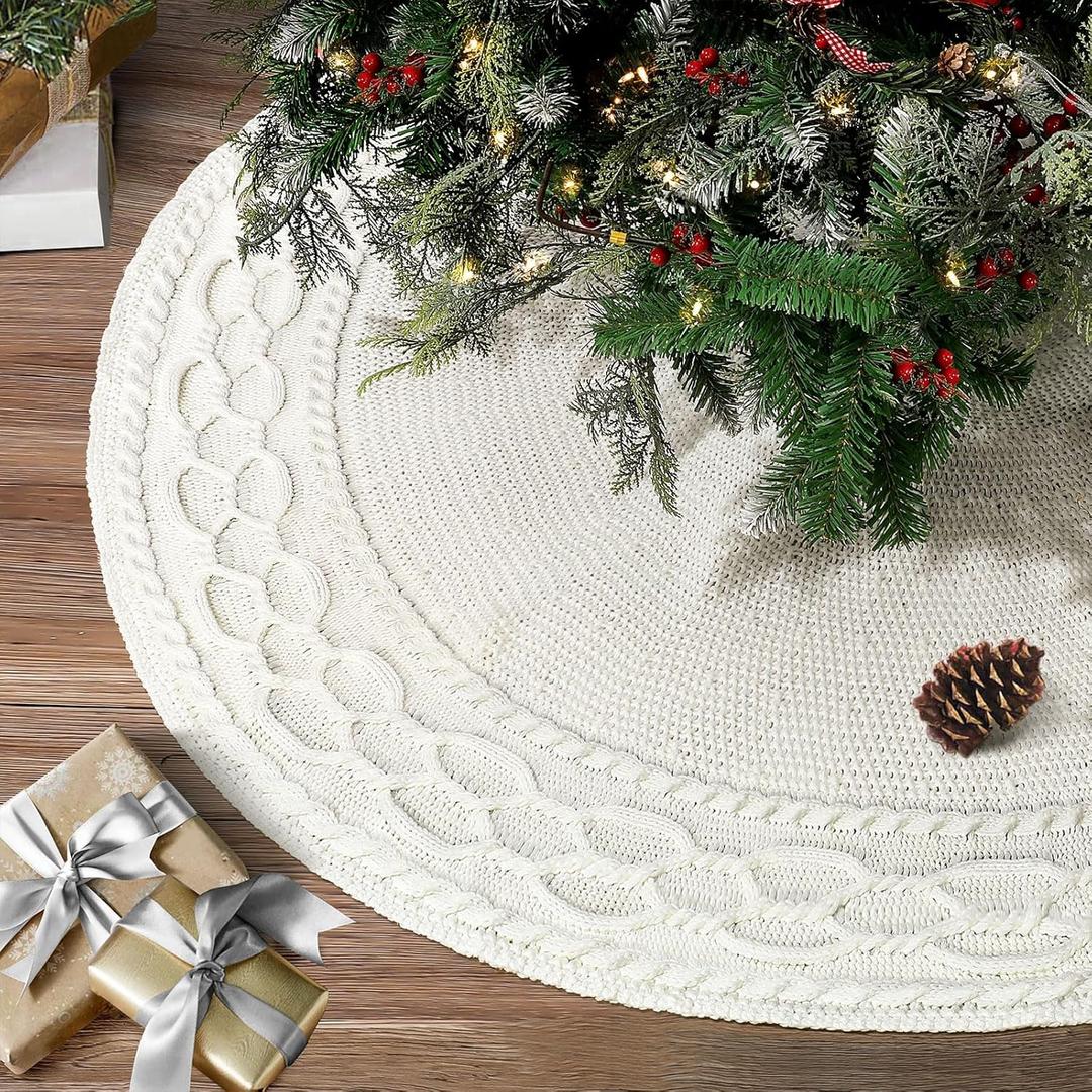 LASPERAL White Tree Skirt 48 Inch Ivory Cable Knit Christmas Tree Skirt, Thick Cream Farmhouse Rustic Knitted Tree Skirt for Christmas Tree Decorations Xmas Holiday Home Party Decorations