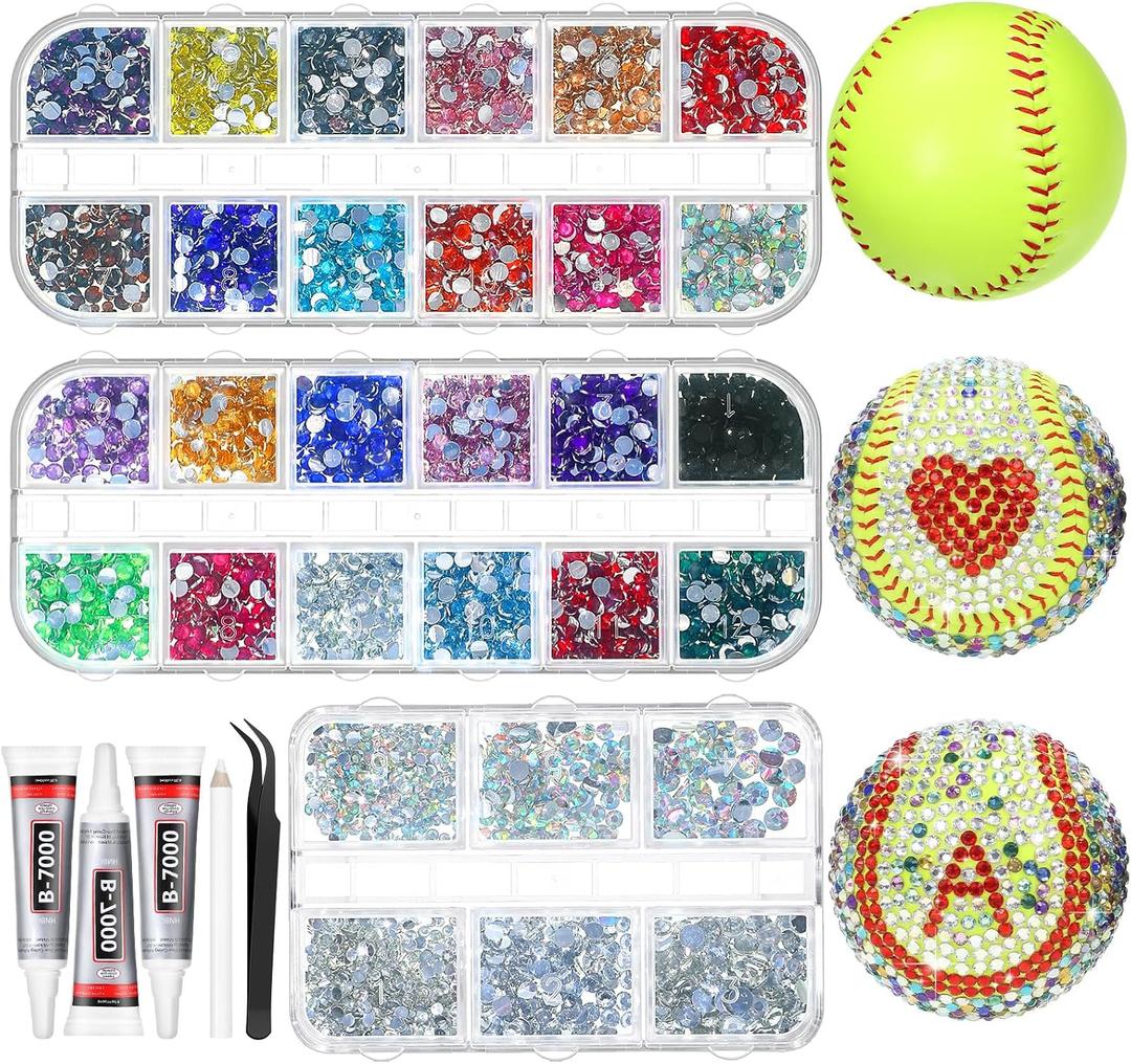 Bling Bedazzling Rhinestones Softballs DIY Craft Kit, Include 3 Pcs 9 Inch Softballs Multicolor Flatback with Tweezers Jewelry Glue Gift for Boyfriend Lover (Fluorescent Green)