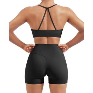 SUUKSESS Women 2 Piece Workout Sets Padded Halter Sports Bras High Waisted Biker Shorts with Pockets (Small, Black)