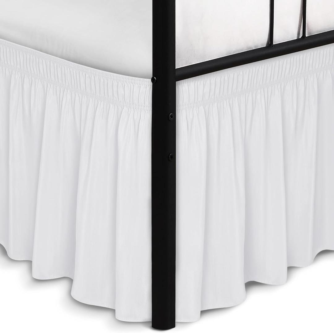 Biscaynebay Wrap Around Bed Skirts with Split Corners for King Beds 15" Drop, White Adjustable Elastic Dust Ruffles Easy Fit Wrinkle Resistant Silky Luxurious Fabric Machine Washable