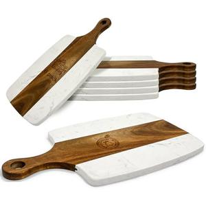6 Pack Marble and Wood Cutting Board Acacia Wooden Marble Serving Tray with Handle Charcuterie Chopping Board for Laser Engrave, DIY Gift(13.75 Inches x 7.25 Inches)