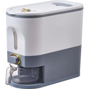 Sooyee 11 Lbs Rice Container, Large Grain Container Storage with Lid Measuring Cylinder Moisture Proof Household Cereal Dispenser Bucket for Kitchen Soybean Corn, White and Grey
