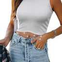 Womens Western Sparkly Fringe Sleeveless Crop Tops Cowgirl Going Out Cropped Tank Tops with Glitter Tassel (White, XL)