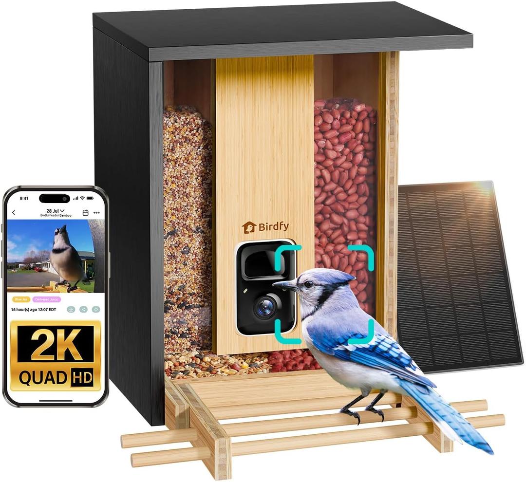 NETVUE by Birdfy Smart Bird Feeder with Camera Solar Powered,2K Live Steam&Permanent AI Identify for Birds&Motion Detection,Birds Watching Ideal Wood Feeder for Chistmas Gift for mom,Bird-Lover