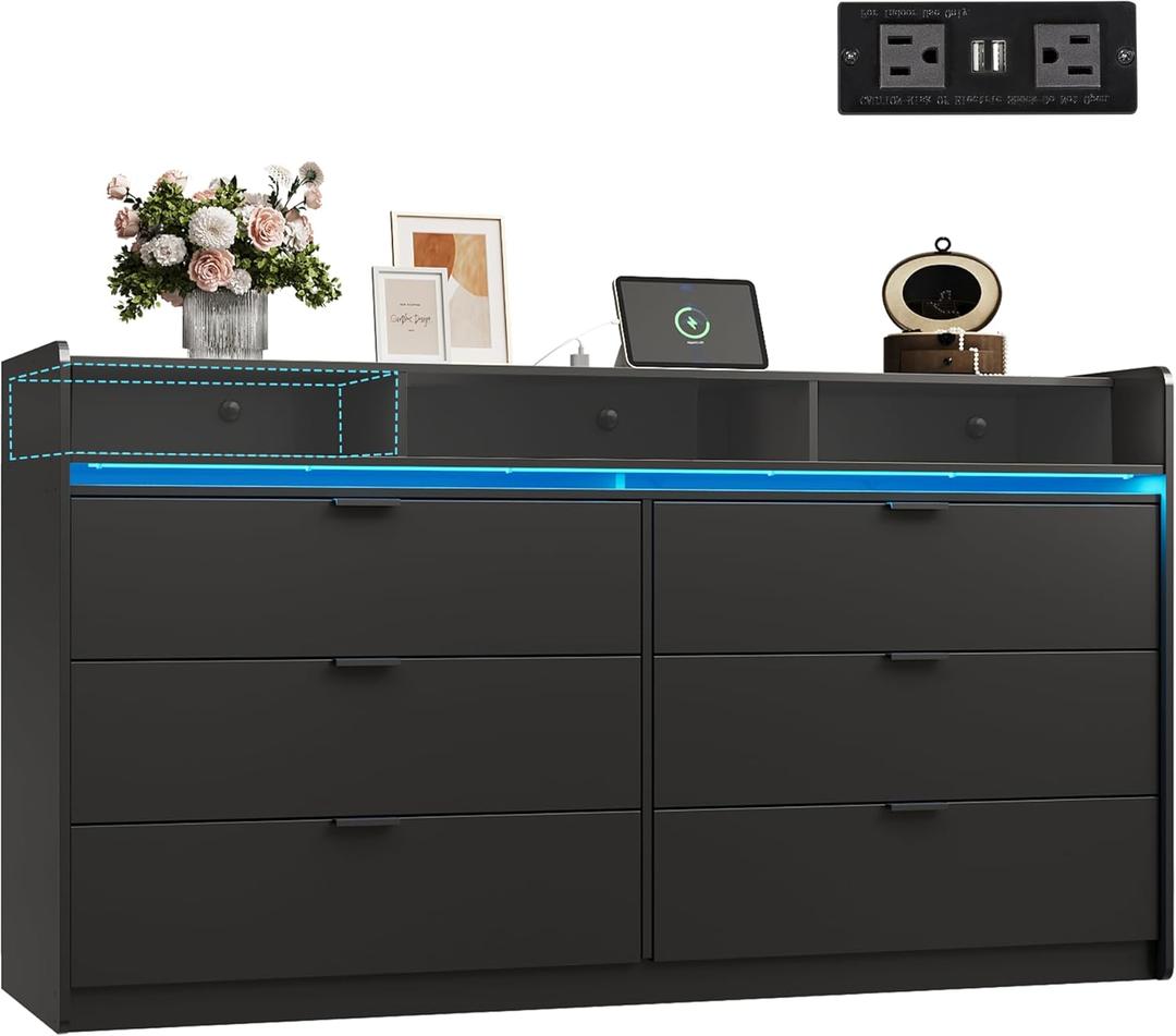 WLIVE 9 Drawer Led Dresser for Bedroom, 58.35'' Black Wood Dresser Storage Organizer with Power Outlets for 65'' TV, Dressers with Open Shelves, Chest of Drawers for Closet, Living Room