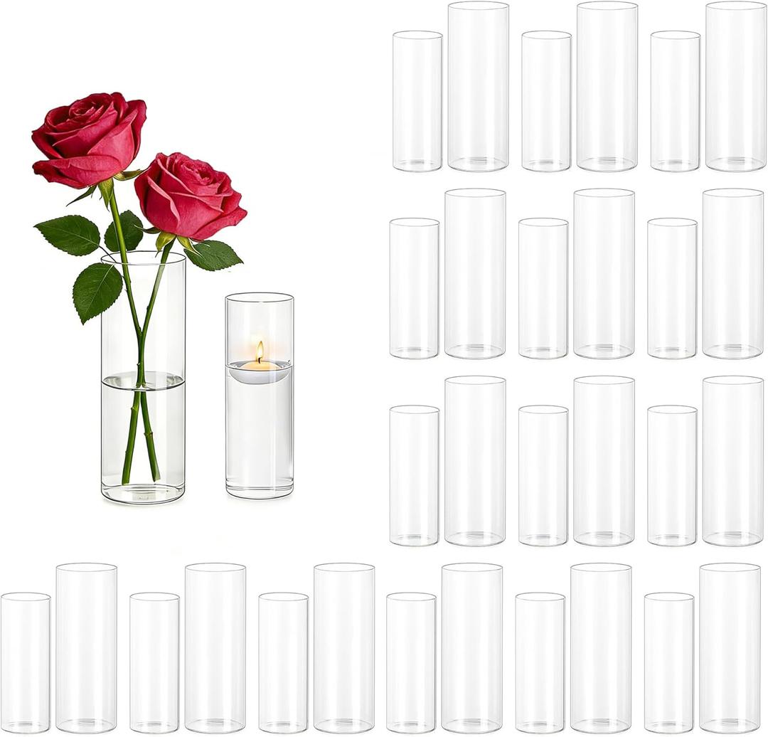 Hewory Glass Cylinder Vases for Centerpieces: 7+6" Tall 32Pcs Clear Small Bud Vases for Flowers Wedding Party Table Decoration - Skinny Hurricane Candle Holders for Floating Candles