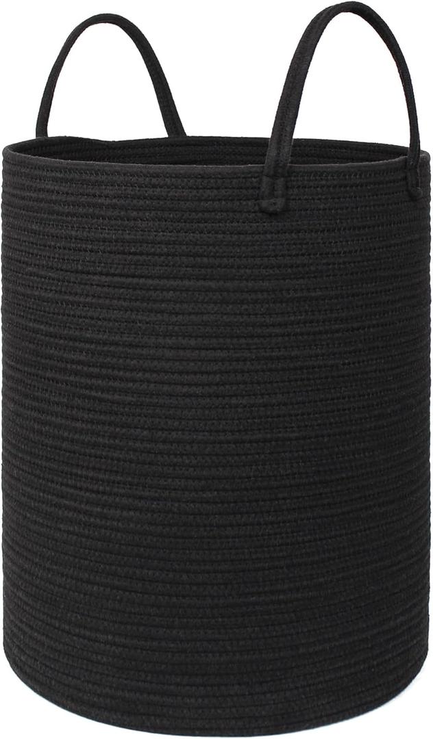 Black Woven Laundry Basket, 15"x18" Tall Basket for Blankets, Wicker Hamper for Bedroom Aesthetic, Decorative Storage Hamper for Clothes, Towel, Rope Storage Bin for Living Room, Bathroom
