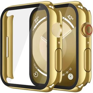 Misxi 2 Pack Tempered Glass Case Compatible for Apple Watch Series 9 Series 8 Series 7 41mm, Hard PC Screen Protector Overall Protection Scratch-Resistant Cover for iWatch, 1 Gold + 1 Transparent