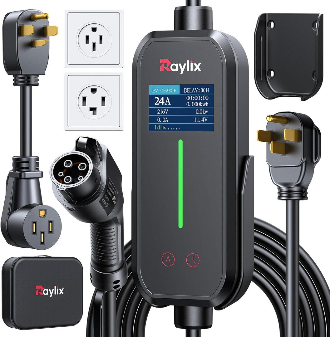 Raylix Upgraded Level 2 Fast EV Charger, 24A Dual Outlet Compatibility/Adjustable Current/Timer, NEMA 14-30 Dryer Outlet & 14-50 Plug, 21FT EV Charging Cable, J1772 Connector for SEA J1772 EVs/PHEVs
