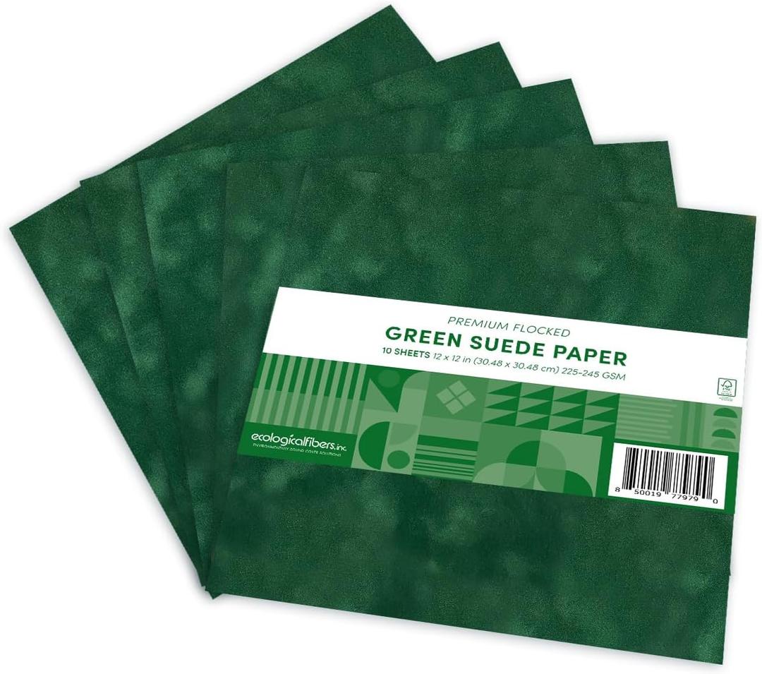 Ecological Fibers Premium Flocked Suede Paper, 12 x 12, Pack of 10 (Green)