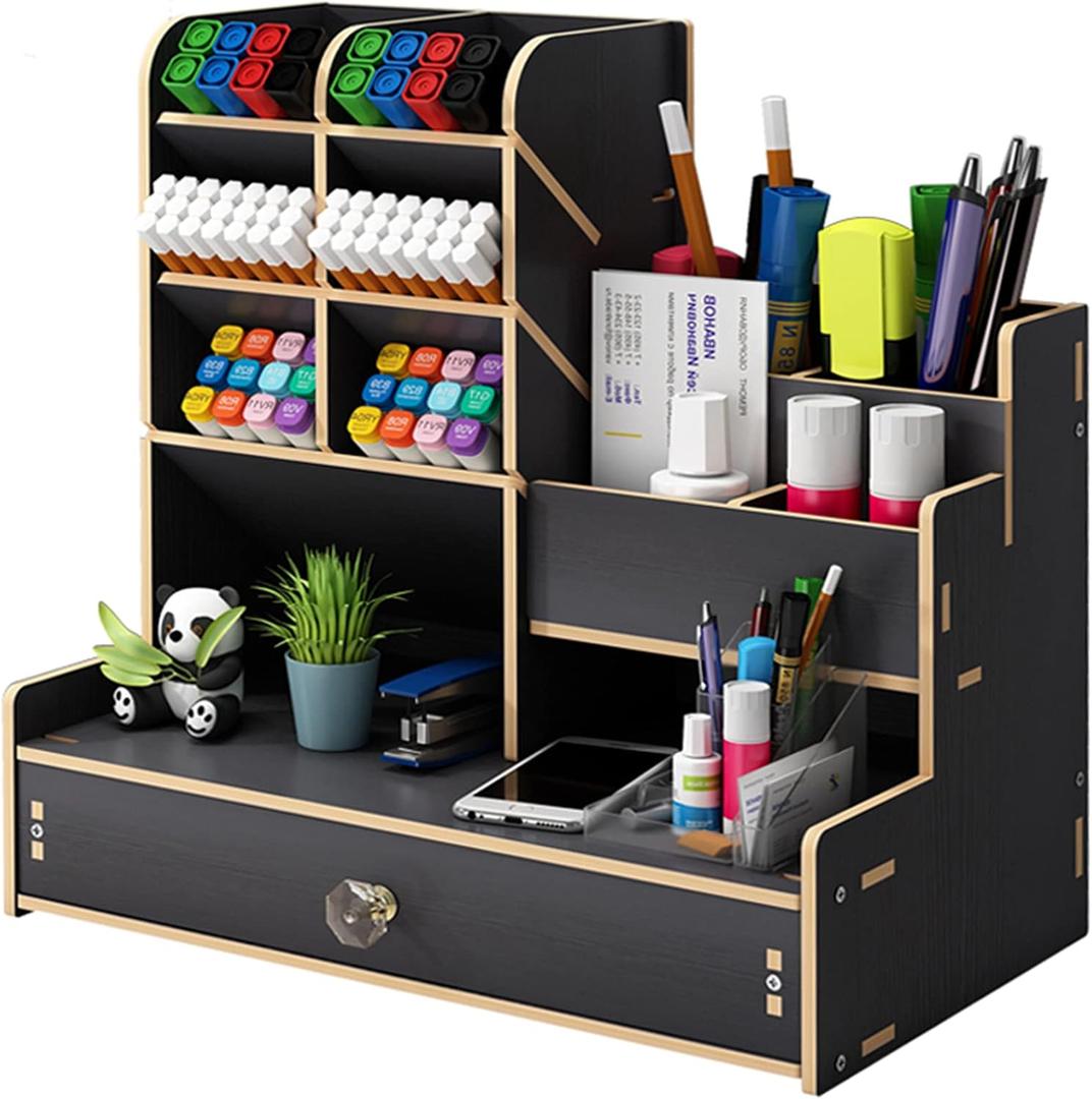 Marbrasse Upgraded Wooden Pencil Holder, Pen Organizer for Desk, Easy Assembly, Art Supply Organizer, Desktop Stationary Organizer Caddy (B17-Black)