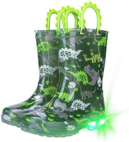 Funspread Toddler Kids Rain Boots - Light Up Boys Rainboots Boots Waterproof Lightweight Outdoor Shoes with Easy-On Handles Green Toddlers Size 6